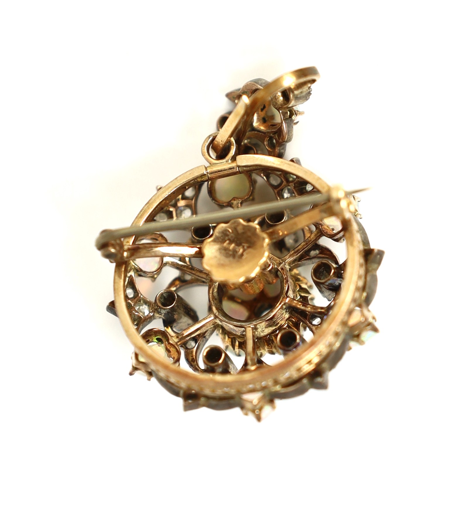 A Victorian gold and silver, heart shaped white opal and old round cut diamond cluster set circular drop pendant brooch